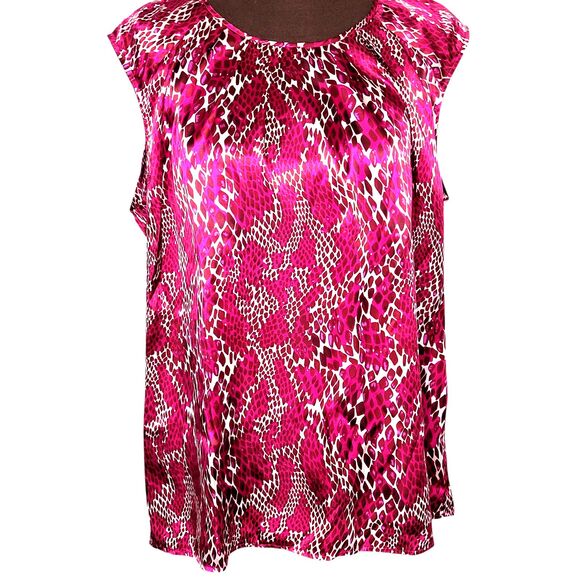 Snake Animal Print Tres Jolie Women Top Size XL Magenta White Satin Sleeveless - Picture 1 of 7